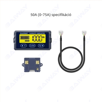 TY23 Coulombmérő LiFePO4 akkumulátor monitorozásához, bemeneti feszültség 8-120V, áramtartomány 0-75A (50A névleges), tápegység 8-120V
