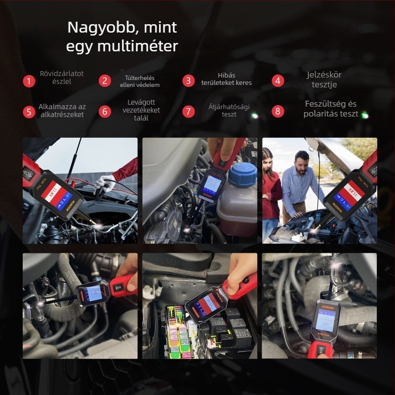 Gépjármű hibakereső diagnosztikai eszköz DC/AC feszültségteszter tollal, ellenállás és dióda teszt, 12–24 V, 0–50 °C, autók és teherautók számára