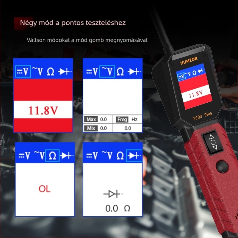 Gépjármű hibakereső diagnosztikai eszköz DC/AC feszültségteszter tollal, ellenállás és dióda teszt, 12–24 V, 0–50 °C, autók és teherautók számára