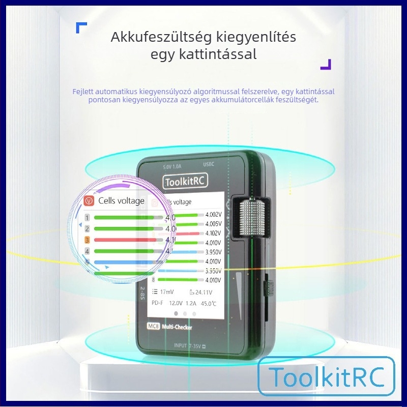 ToolkitRC MC8 multifunkcionális elektromos kijelző feszültségmérésre és PPM, PWM és SBUS jelek mérésére és kimenetére