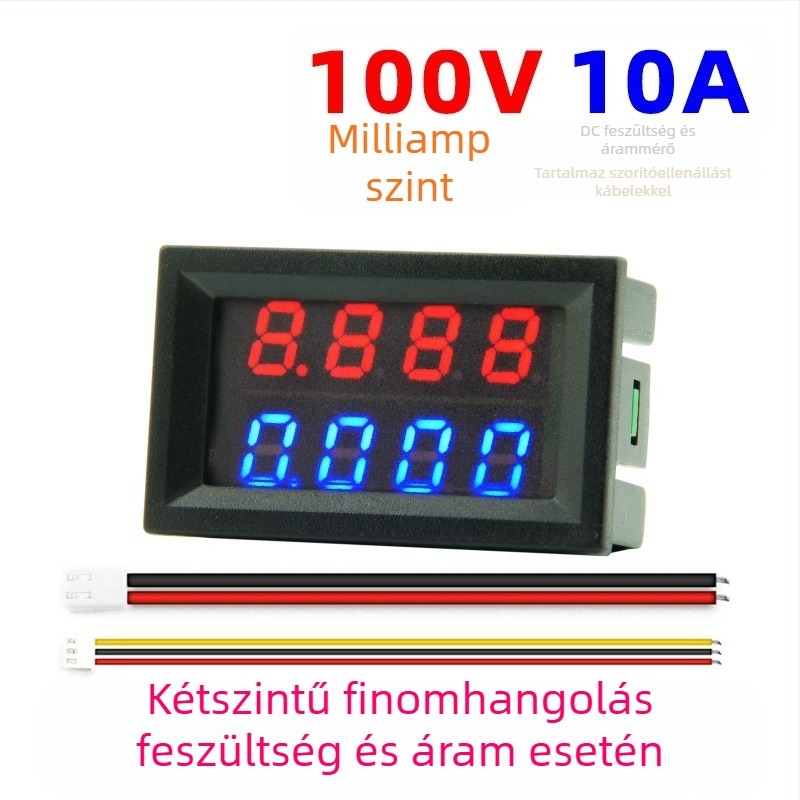 Feszültség- és árammérő – 100 V, 10 A, mA-szintű kijelző, kettős finomhangolás, üzemi áram 0.03 A, pontosság 0.01 A