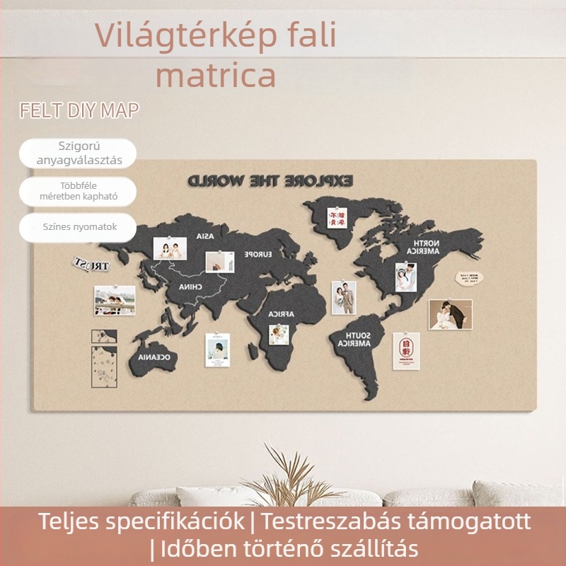 Világtérkép filcből készült falitábla utazási fényképekhez — falikép matrica, lyukmentes dekoráció