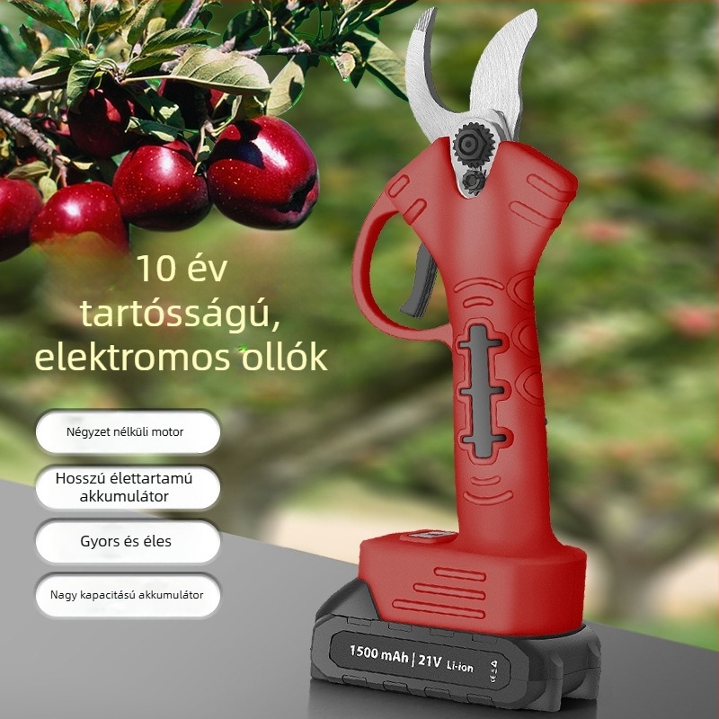 Elektromos metszőolló mangánacél pengével; Li-ion akkumulátor; kertészeti felhasználás