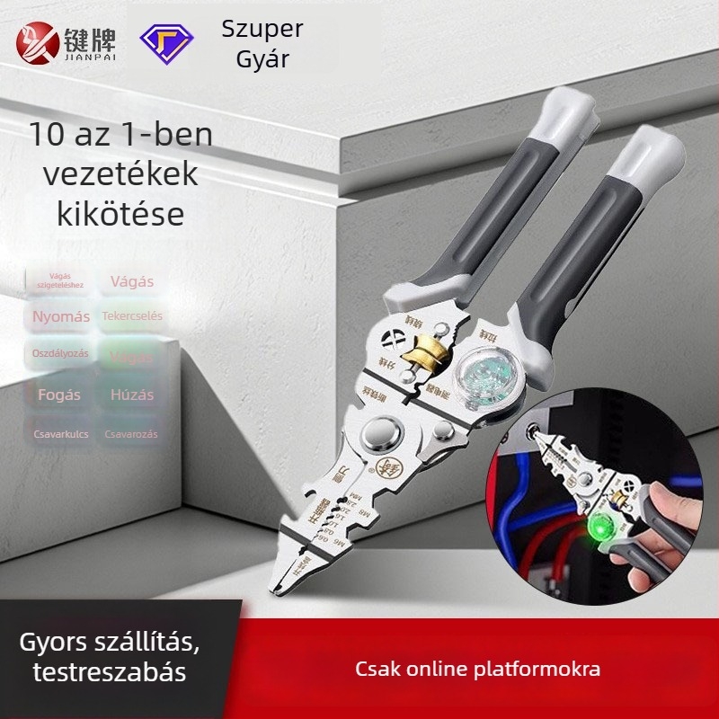 10-az-1-ben multifunkcionális vezetékek leválasztó fogó, ipari szintű, tekercselő és crimpelő részekkel, tesztpontokkal, Anyag: NiCr ötvözet acél
