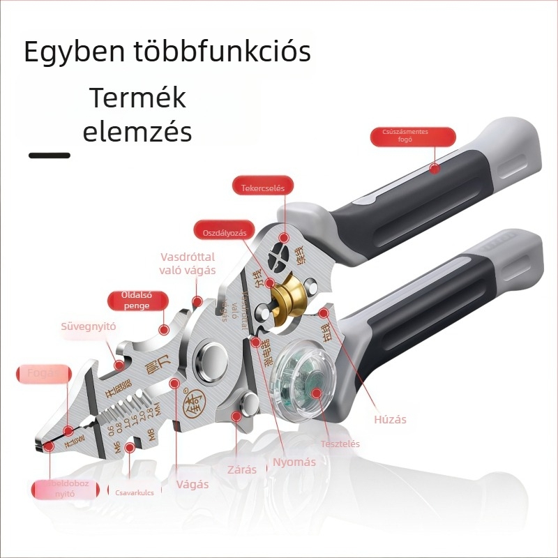 10-az-1-ben multifunkcionális vezetékek leválasztó fogó, ipari szintű, tekercselő és crimpelő részekkel, tesztpontokkal, Anyag: NiCr ötvözet acél