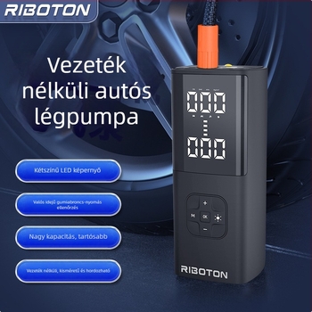 Kézben tartható vezeték nélküli elektromos levegőpumpa nyomásmérővel; kettős hengeres, 120W, 5V/3A, áramlás 25 L/min, LED fény