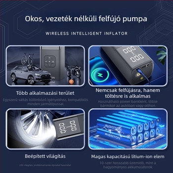 Kézben tartható vezeték nélküli elektromos levegőpumpa nyomásmérővel; kettős hengeres, 120W, 5V/3A, áramlás 25 L/min, LED fény