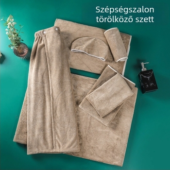 Öt darabos szépségszalon törölközőkészlet a bőrápoláshoz: fejkendő/turbán, ágyneműtörölköző, fürdőlepedő, szépség-törölköző és funkcionális törölköző egyedi logóval hímzett és lézergravírozott