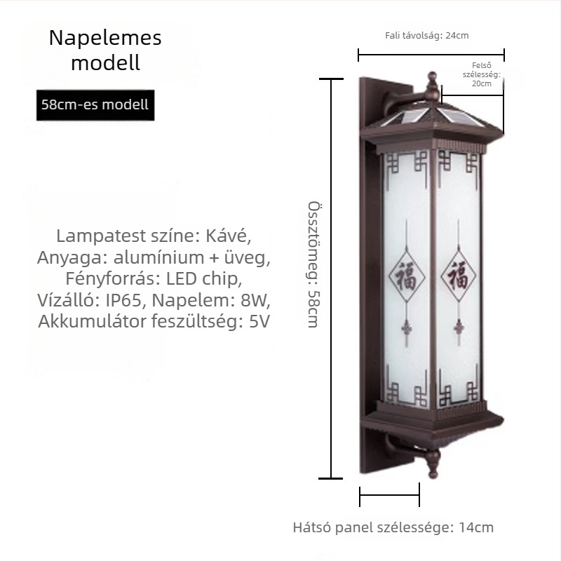 Kültéri napelemes LED falikar, alumínium ház, IP65 vízálló, 12W, állítható fényerő