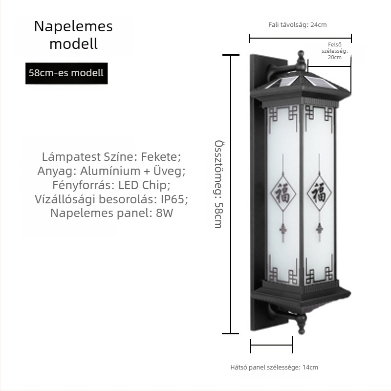 Kültéri napelemes LED falikar, alumínium ház, IP65 vízálló, 12W, állítható fényerő