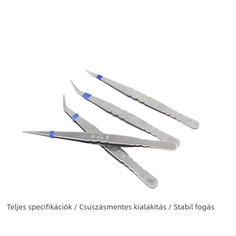Rozsdamentes acélból készült, többfunkciós csipessz, egyenes és hajlított csúcsokkal, varráshoz és fonal behúzásához – minimalist design.