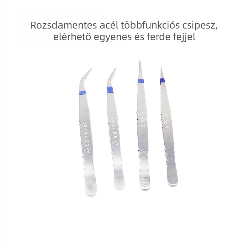 Rozsdamentes acélból készült, többfunkciós csipessz, egyenes és hajlított csúcsokkal, varráshoz és fonal behúzásához – minimalist design.