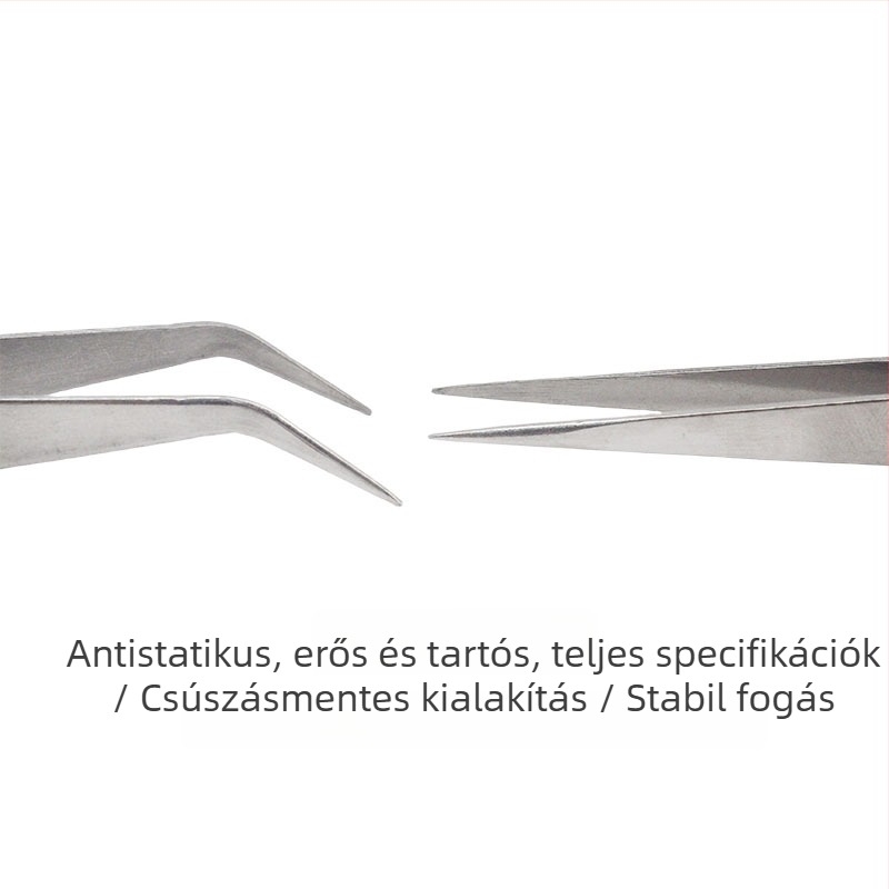 Rozsdamentes acélból készült, többfunkciós csipessz, egyenes és hajlított csúcsokkal, varráshoz és fonal behúzásához – minimalist design.