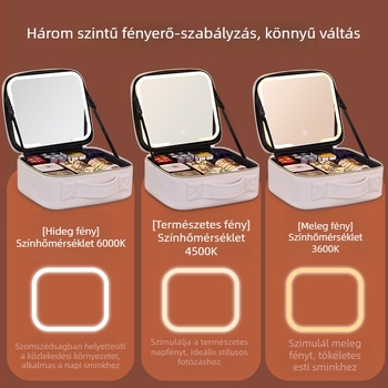 LED sminktáska kocka alakú, beépített tükrös, PU műbőr, rekeszekkel az utazáshoz