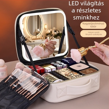 LED sminktáska kocka alakú, beépített tükrös, PU műbőr, rekeszekkel az utazáshoz