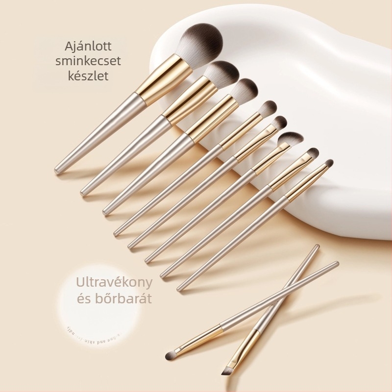10 darabos sminkecsetkészlet, puha sörtékkel, tartalmaz szemhéjfesték ecsetet, púder ecsetet, kontúr- és highlighter ecsetet, orr árnyékoló ecsetet, penge-szerű ecset