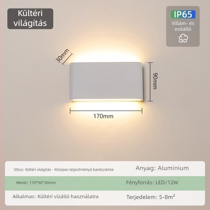 Kültéri vízálló falikar – ultra vékony, IP65, 110-275V, 15 LED, 3000K, CRI 90