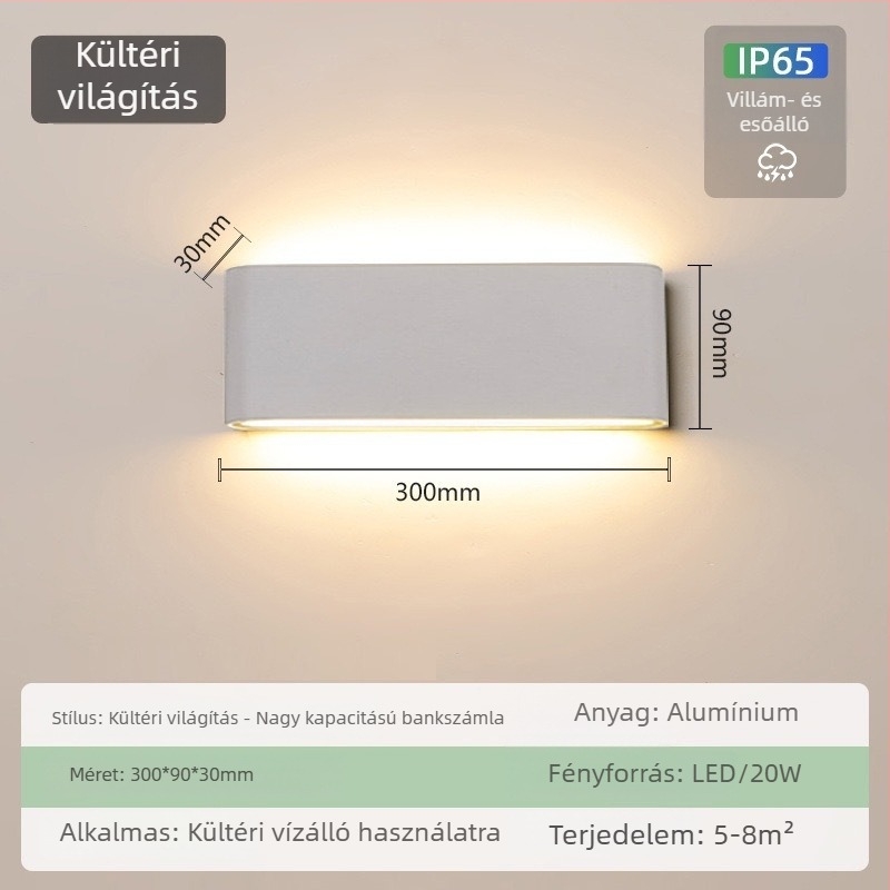 Kültéri vízálló falikar – ultra vékony, IP65, 110-275V, 15 LED, 3000K, CRI 90