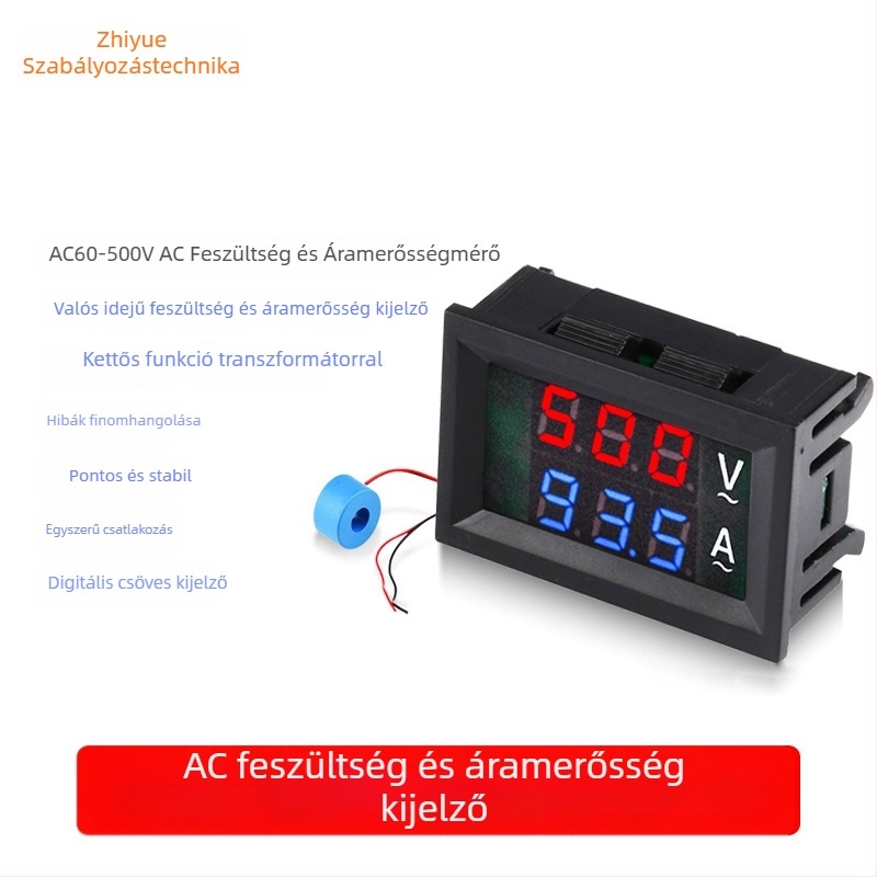 ZYK AC60V-500V feszültség- és áramerősség mérő, digitális dupla kijelző, ±1% feszültségpontosság