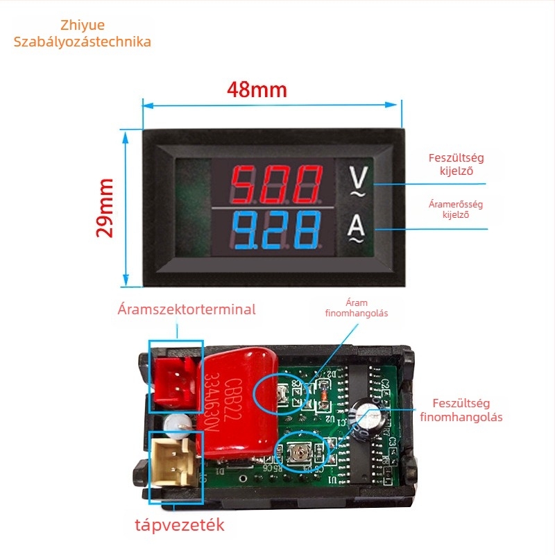 ZYK AC60V-500V feszültség- és áramerősség mérő, digitális dupla kijelző, ±1% feszültségpontosság