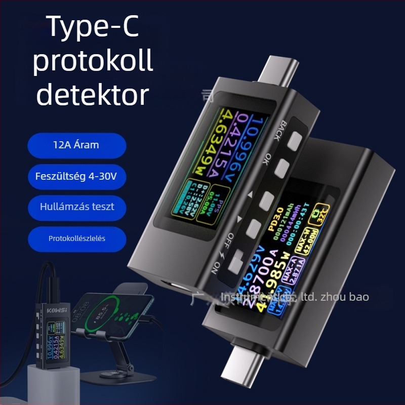 Type-C protokoll detektor, adatvonal áram- és feszültségmérő, gyors töltési protokoll teszt, teljesítménymérő