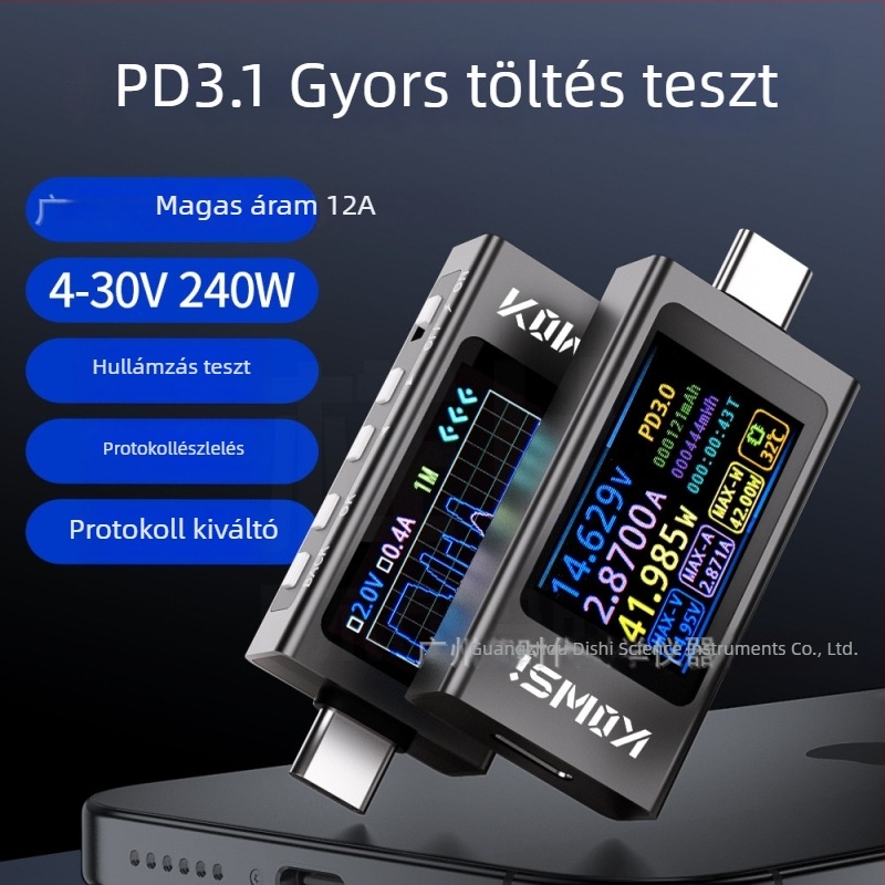Type-C protokoll detektor, adatvonal áram- és feszültségmérő, gyors töltési protokoll teszt, teljesítménymérő