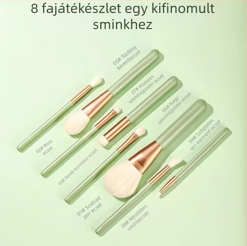 8 darab sminkecset-készlet, szintetikus sörtékkel, fa nyél, hosszú nyél, táskában