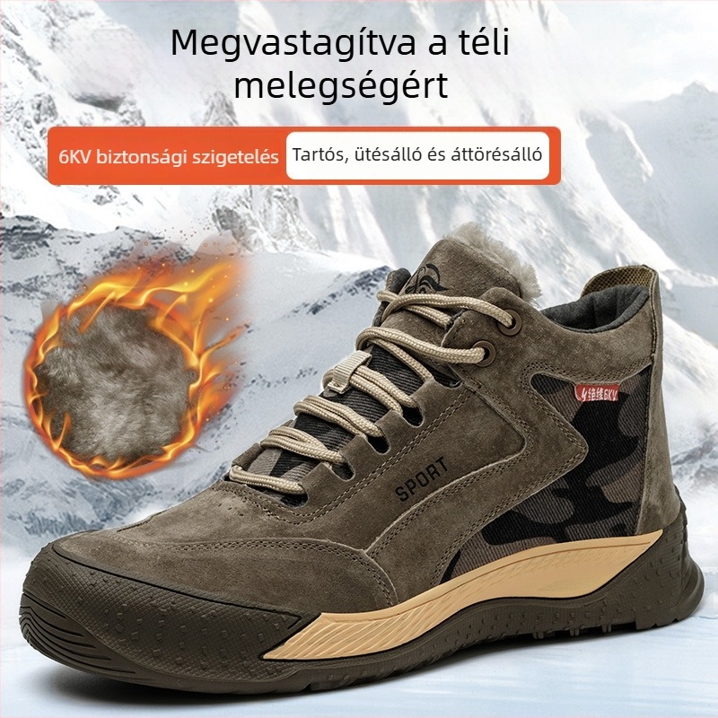 Hőszigetelt magas szárú munkacipő disznóbőr + vászon felsőrész