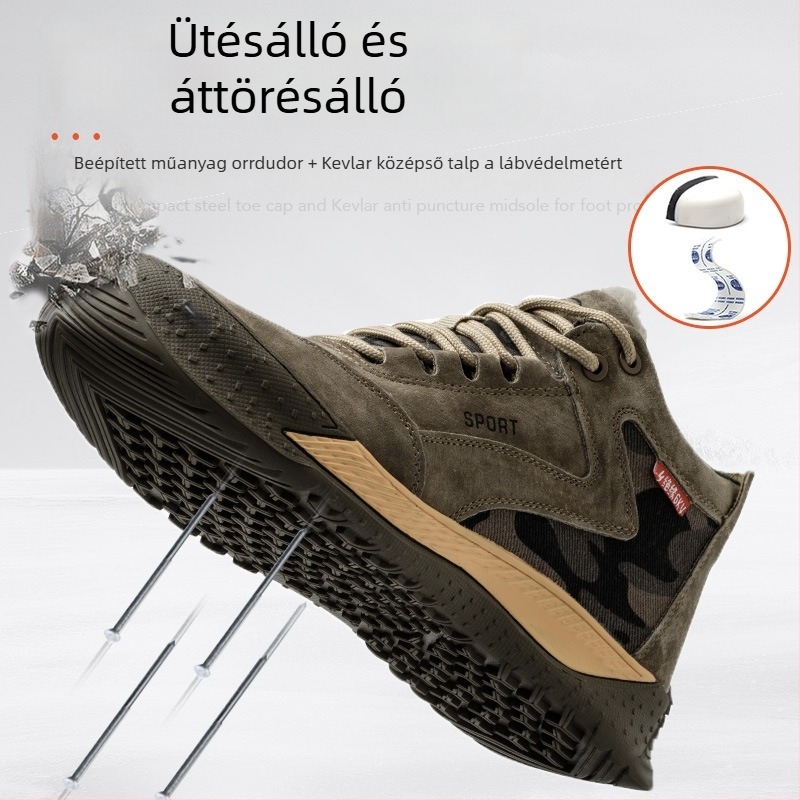 Hőszigetelt magas szárú munkacipő disznóbőr + vászon felsőrész