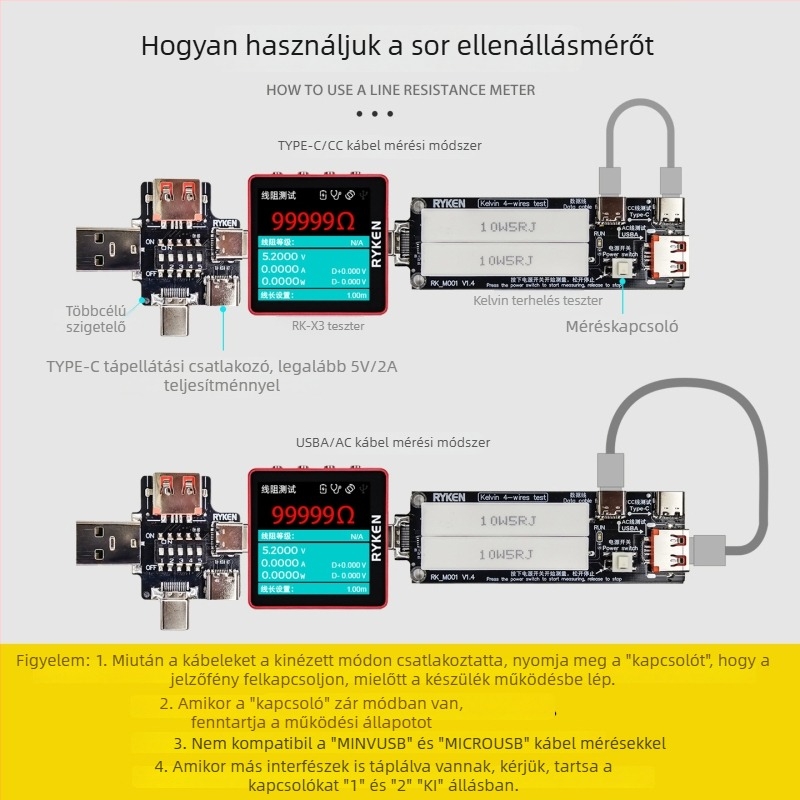 M001 Kelvin négyvezetékes feszültség- és árammérő USB-C teljesítménydetektorral (második generáció)
