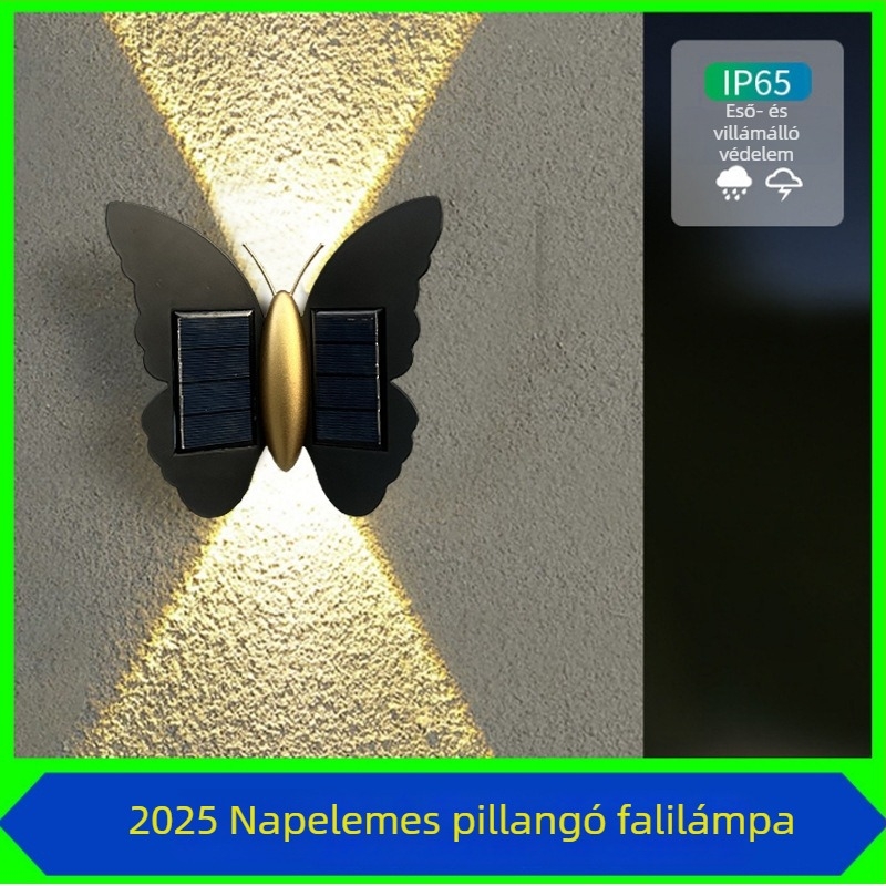Kültéri napelemes falikar pillangó alakú falhoz – LED modul, IP45, 1W, 2.4V, üzemidő 6–12 óra