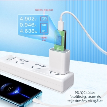 CT02 PD/QC gyors töltés detektor tételes teszteléshez, 0-100W, tömeg 12, környezeti hőmérséklet 30°C