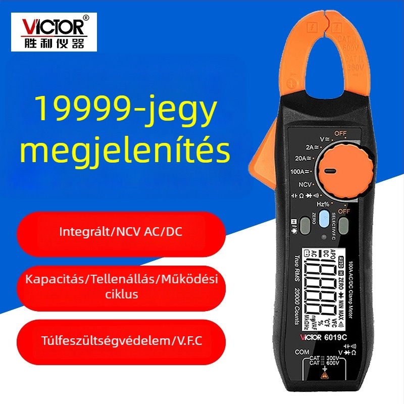 VC6019C fogó ampermérő AC/DC, túlterhelésvédelmi, True RMS, multiméter