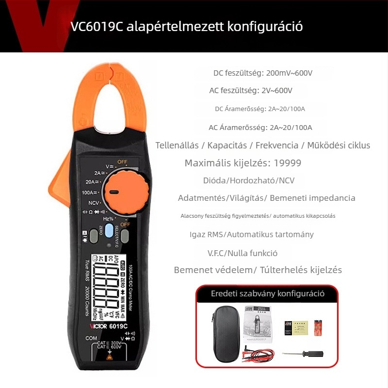 VC6019C fogó ampermérő AC/DC, túlterhelésvédelmi, True RMS, multiméter