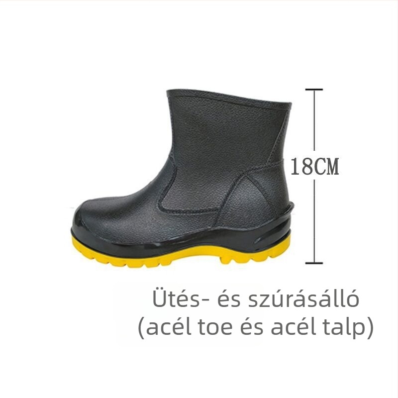 PVC védőcsizma acél orr- és acéltalppal; ütés- és áthatolásálló, csúszásmentes, kopásálló, sav-bázis ellenálló; alacsony szárú tervezés ipari és bányászati környezethez