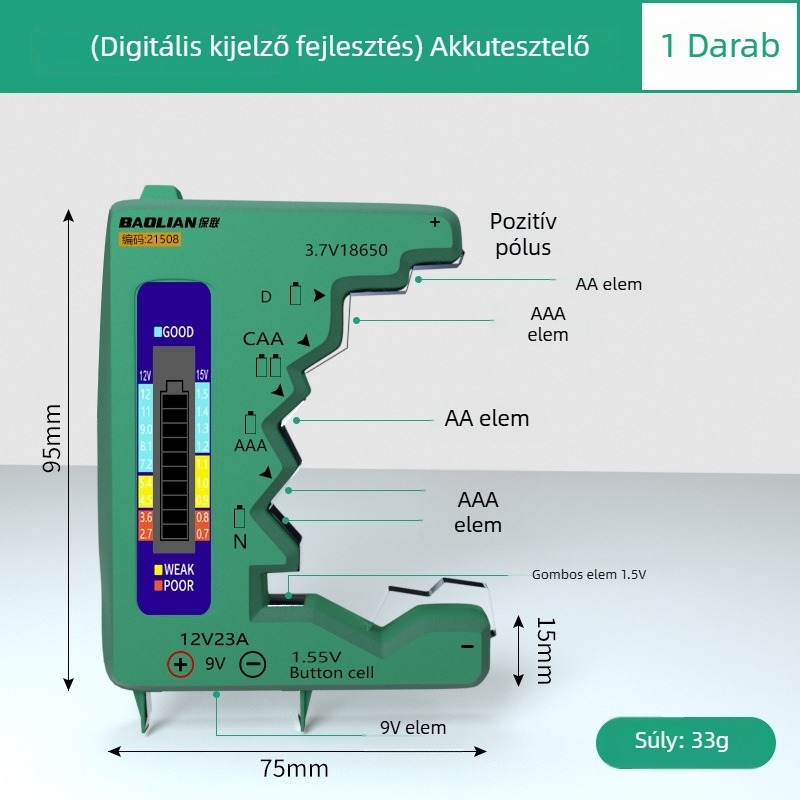 Akkumulátor kapacitásmérő digitális kijelzővel, univerzális akkumulátorokhoz