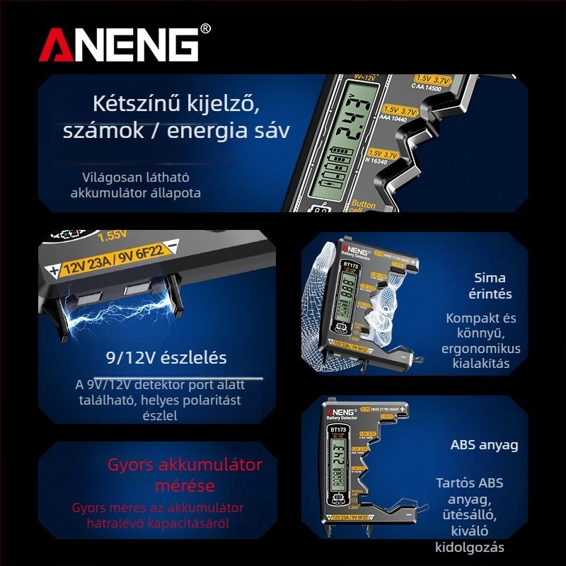 Aneng akkumulátor teszter - nagy pontosságú, hátralévő töltés kijelző, akkumulátor feszültség mérése (nagy pontosságú; hátralévő töltés kijelző; akkumulátor feszültség mérése)