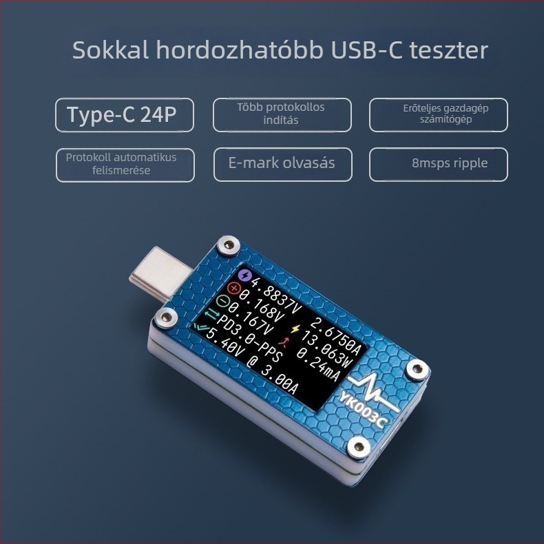 PowerZ YK003C USB-tesztkészülék PD PPS támogatással, dummy terhelés monitorozással és ripple detektálással, áram- és feszültségméréssel