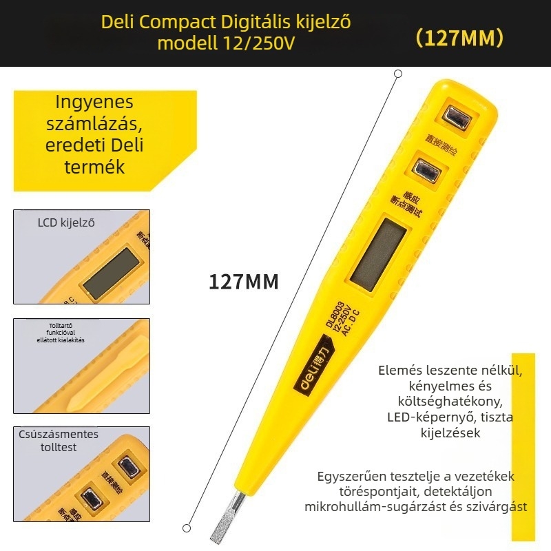 Deli feszültség-tesztelő toll digitális kijelzővel, 12-250V, DL8003