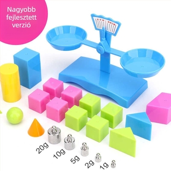 Duoqi egyensúlymérleg – oktatási segédeszköz általános iskolába (2–3. osztály), matematika és fizika kísérletek, műanyag kivitel, tálca és súlyok.