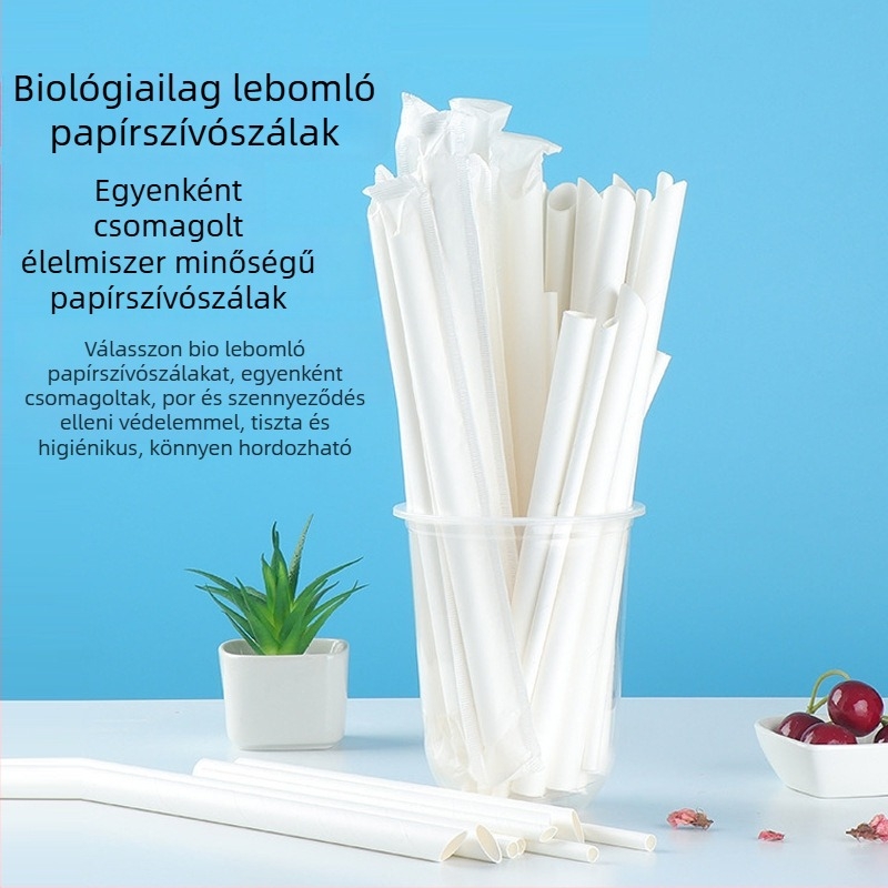 PLA lebomló papírszívószálak - görbült cső, egyenként csomagolva, tej-teához, gyerekeknek otthoni használatra