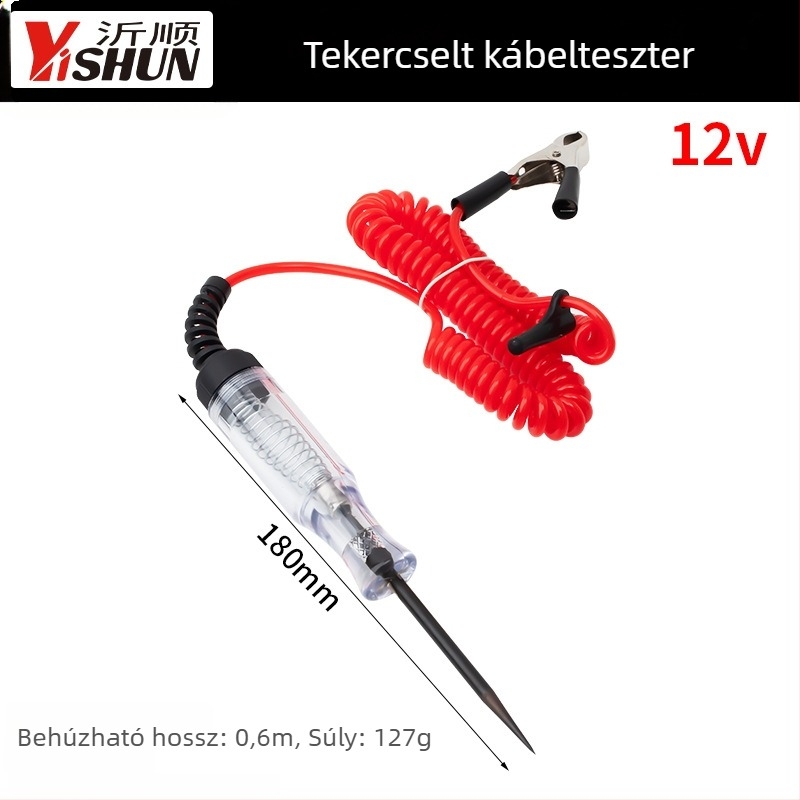 Autó DC feszültségmérő toll spirálvezetékével, 6-24V tartomány autóelektronikai áramkörök karbantartásához