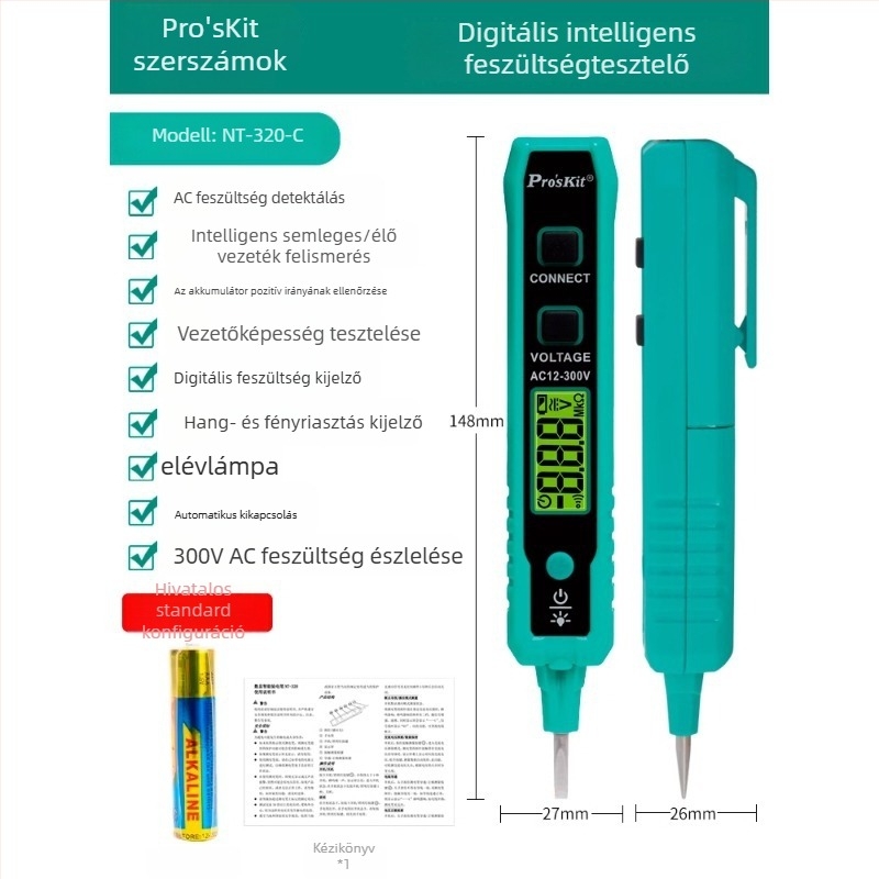 NT-320-C elektromos teszt toll elektromérnököknek — multifunkciós teszter a folytonosság és a szivárgó áram mérésére, intelligens induktív érzékelés, digitális kijelző