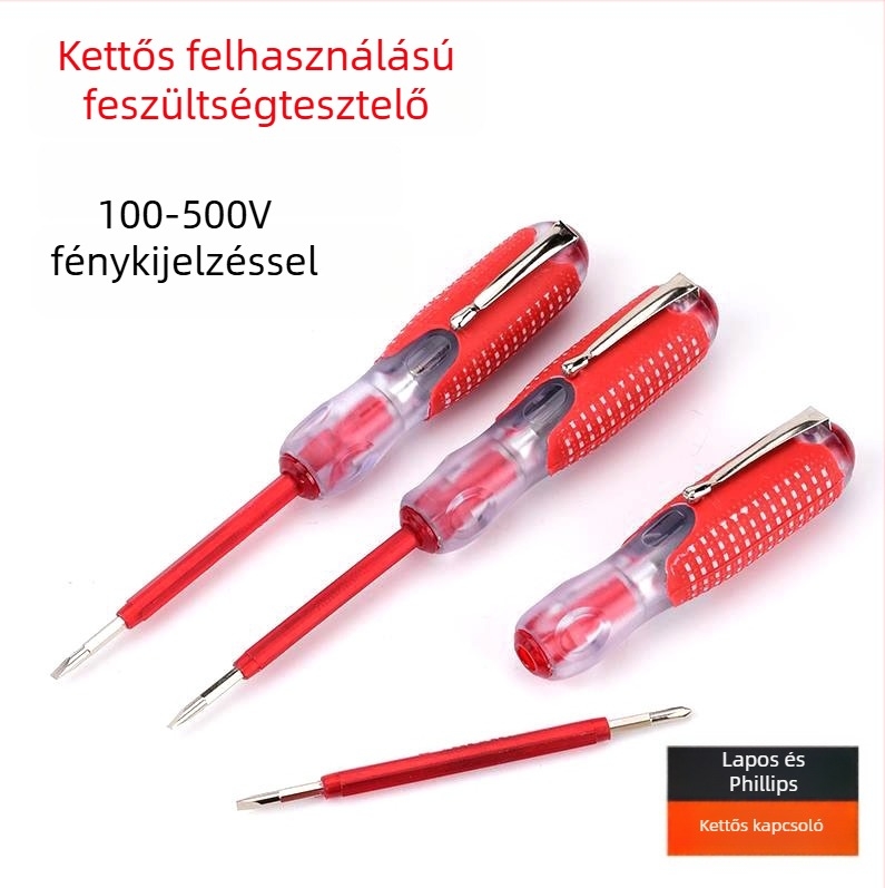 Feszültségteszt toll és csavarhúzó, 100–500 V, háromszínű, kettős használatú kézi eszköz