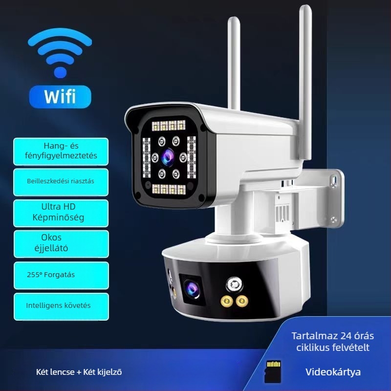 Vezeték nélküli megfigyelő kamera WiFi-vel, kültéri vízálló, villámvédelmi, valós idejű interkom és távoli be-/kikapcsolás, 16V+ tápegység