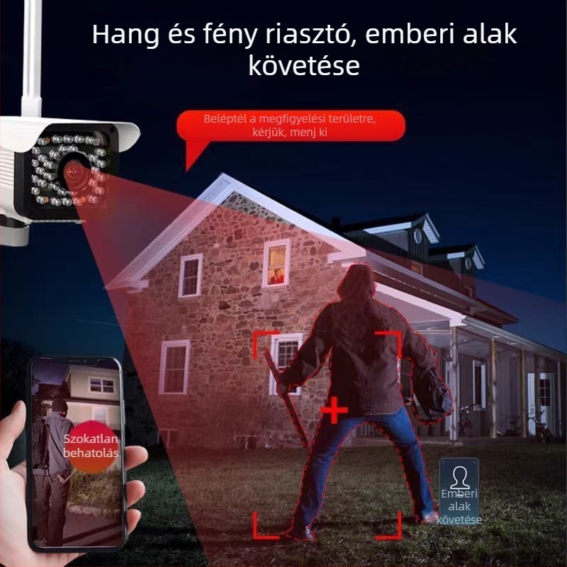 Vezeték nélküli megfigyelő kamera WiFi-vel, kültéri vízálló, villámvédelmi, valós idejű interkom és távoli be-/kikapcsolás, 16V+ tápegység