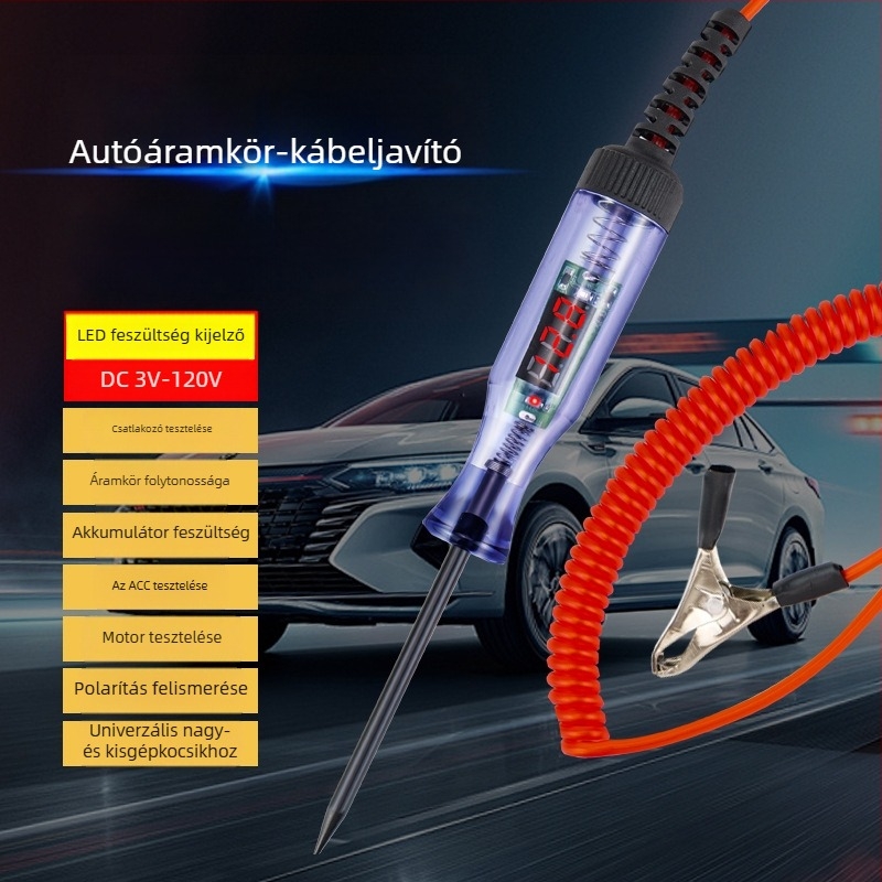 Autó LED-teszt toll digitális kijelzővel — 5V/12V/24V/80V/120V áramkör és biztosíték teszt