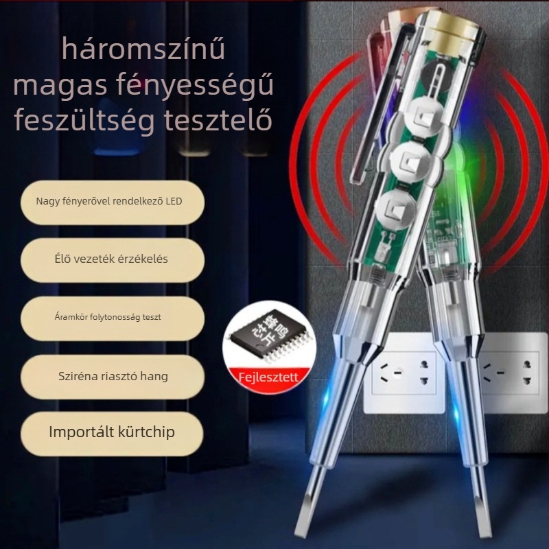 Elektromos teszt toll intelligens szenzorral, hangriasztással és LED‑indikátorokkal; nyílt áramkör detektálása