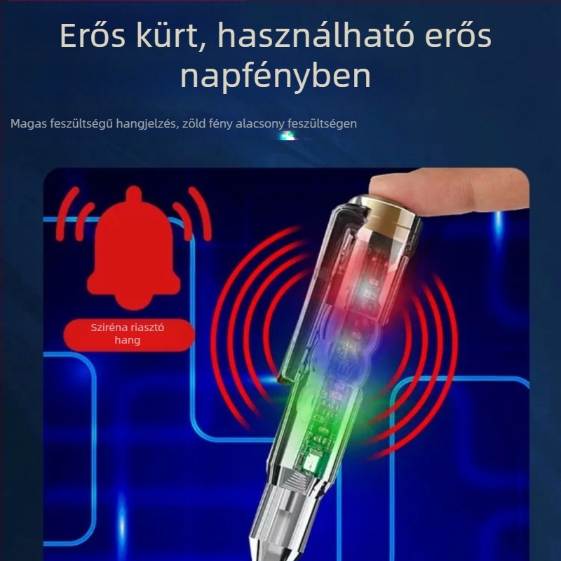 Elektromos teszt toll intelligens szenzorral, hangriasztással és LED‑indikátorokkal; nyílt áramkör detektálása
