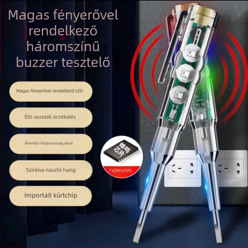 Elektromos teszt toll intelligens szenzorral, hangriasztással és LED‑indikátorokkal; nyílt áramkör detektálása